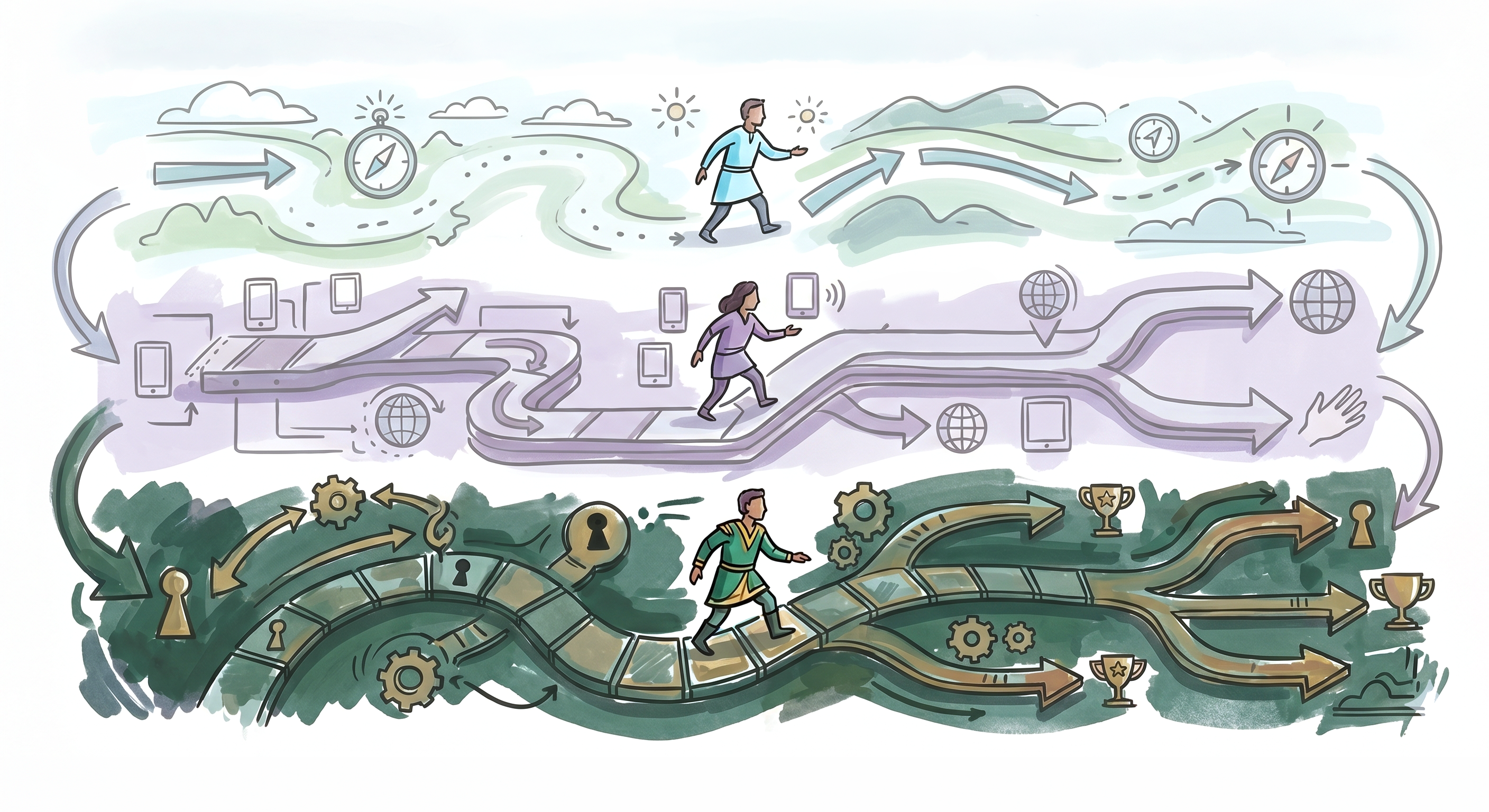 Illustration of navigation maturity layers evolving from guided discovery to contextual and personalized pathways